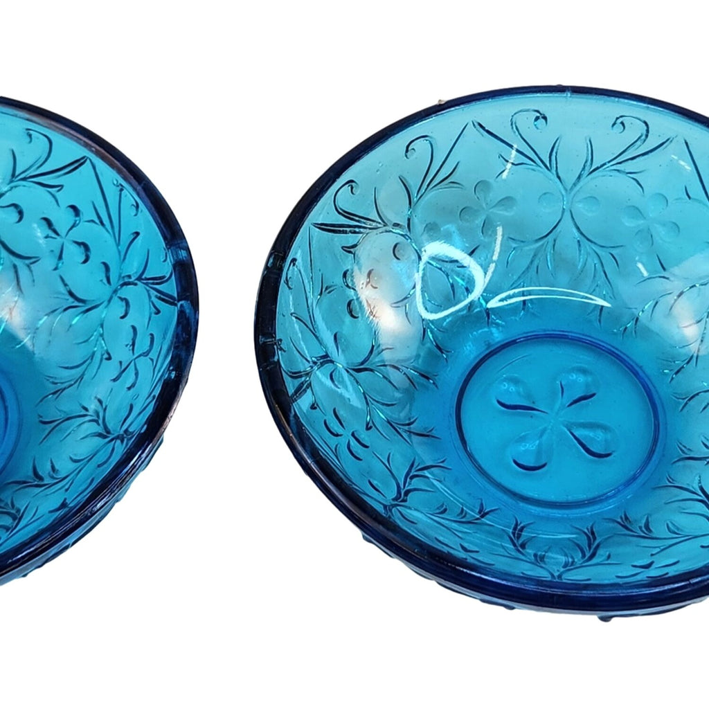 Vintage Queen Mary Blue Glass Bowls Set of 2 | 1930s Depression Glass Heart Vine | Teal Floral Trinket Dishes 4.5"