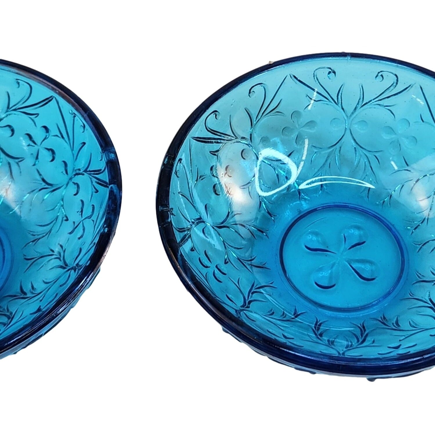 Vintage Queen Mary Blue Glass Bowls Set of 2 | 1930s Depression Glass Heart Vine | Teal Floral Trinket Dishes 4.5"