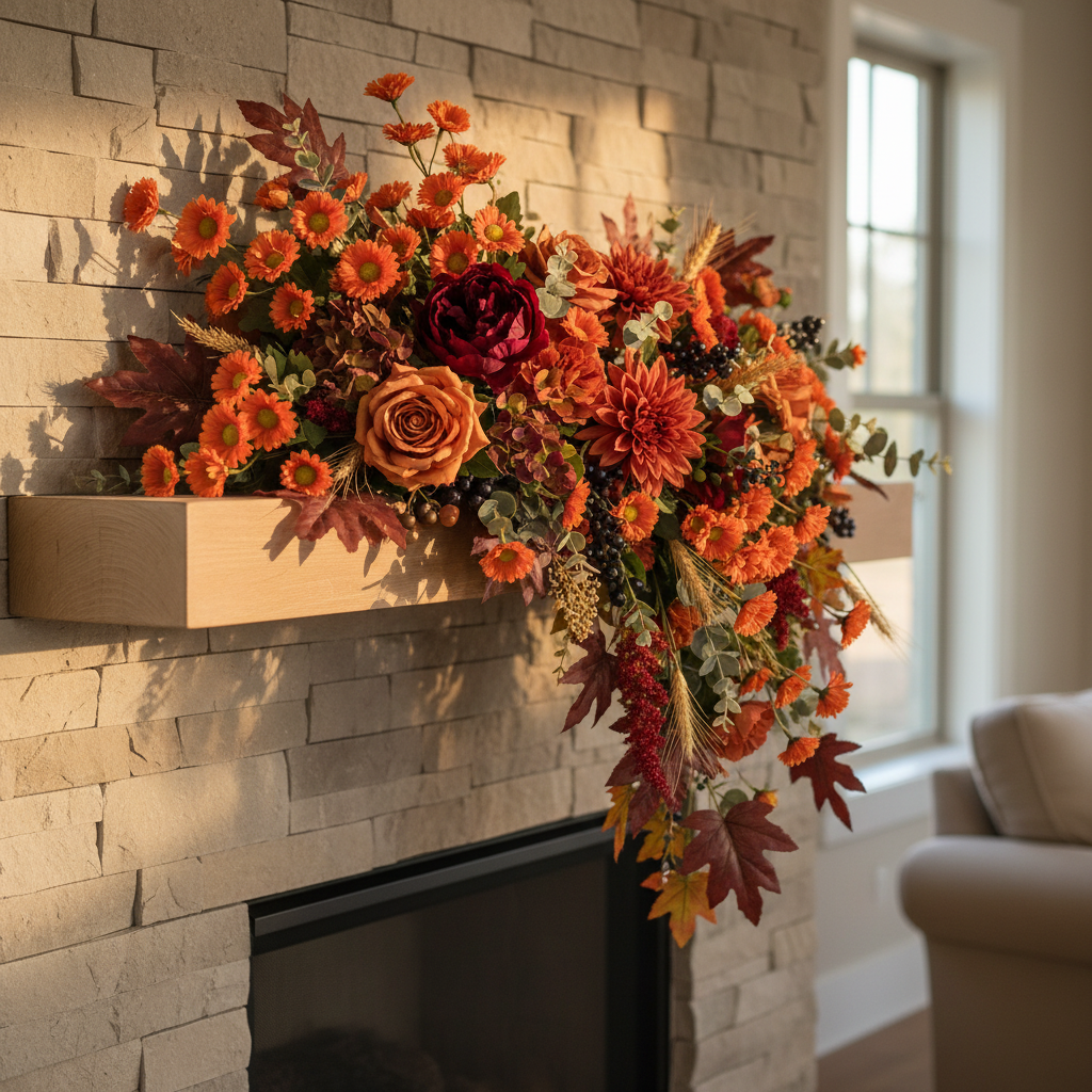 Fall mantel swag with orange daisy mums