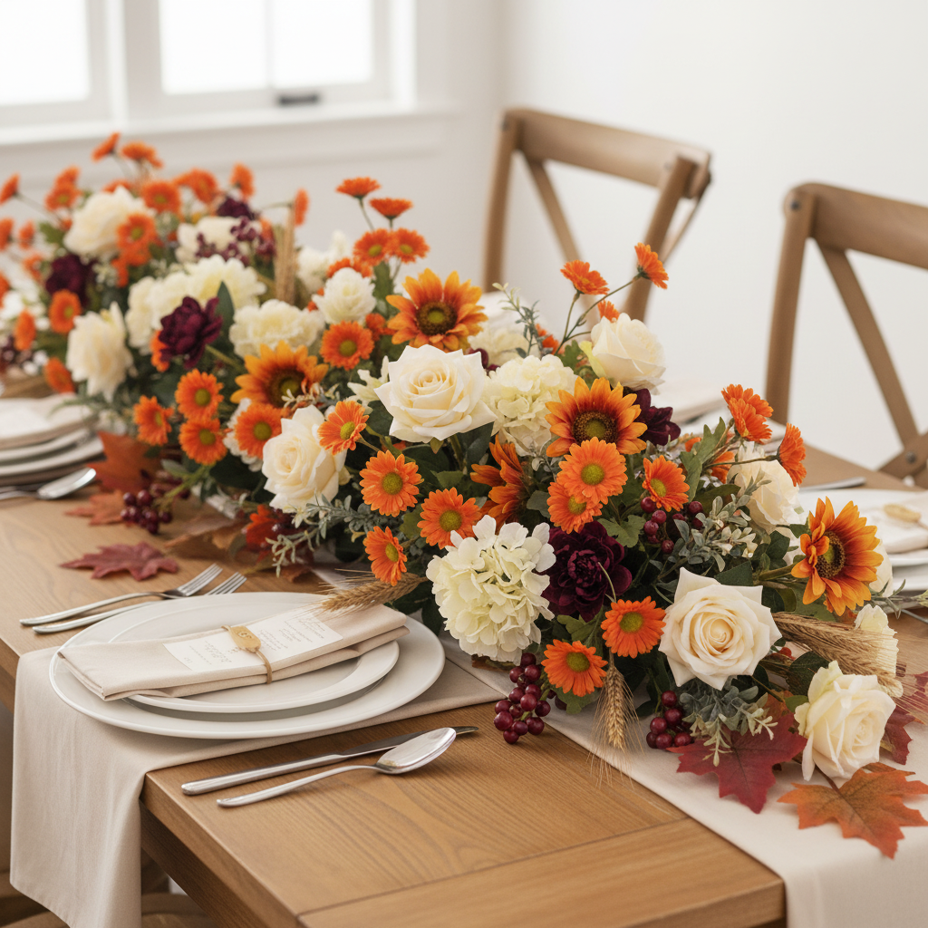 Fall wedding table runner with orange daisy mums