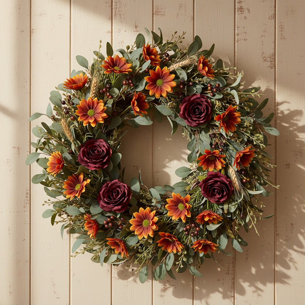 Fall Wreath – Rust Daisy + Burgundy Roses + Dark Berries + Dried Eucalyptus Base