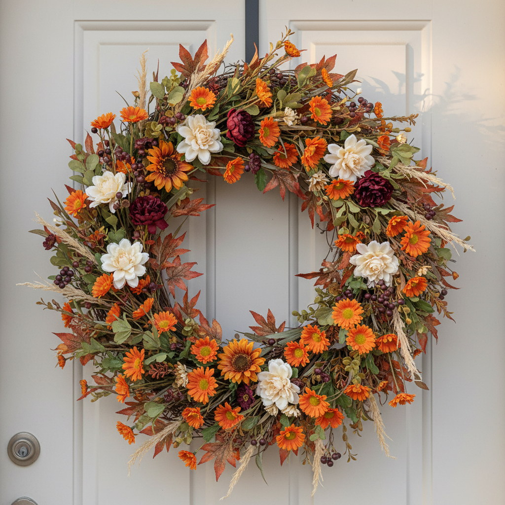 Fall wreath with orange daisy mum filler