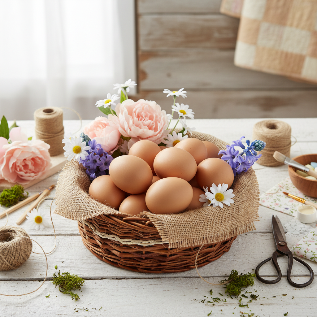Farmhouse Easter basket with plastic eggs