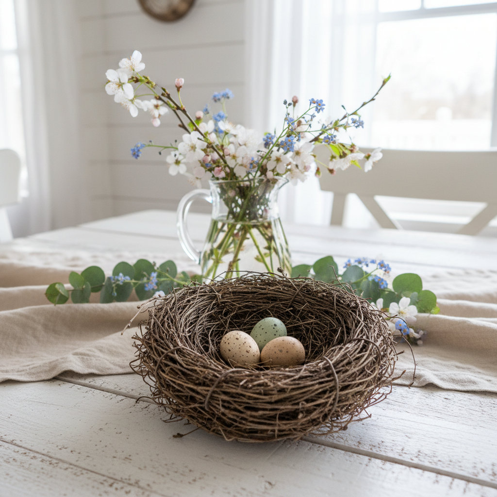 Farmhouse table centerpiece with proportional nest and tiny eggs