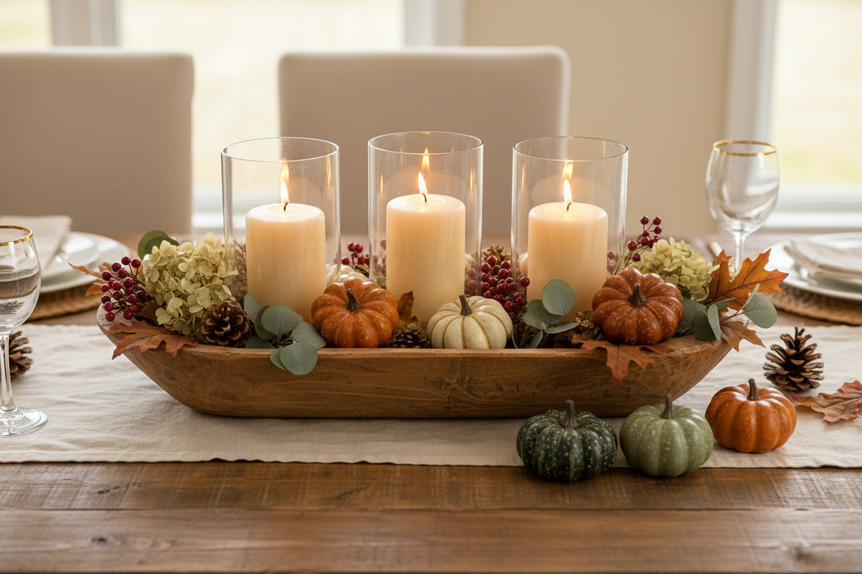 A rustic autumn table centerpiece in a wooden bowl, featuring three lit pillar candles in clear glass holders, small pumpkins, hydrangea blooms, pinecones, and fall leaves, set on a dining table with chairs and wine glasses in the background.