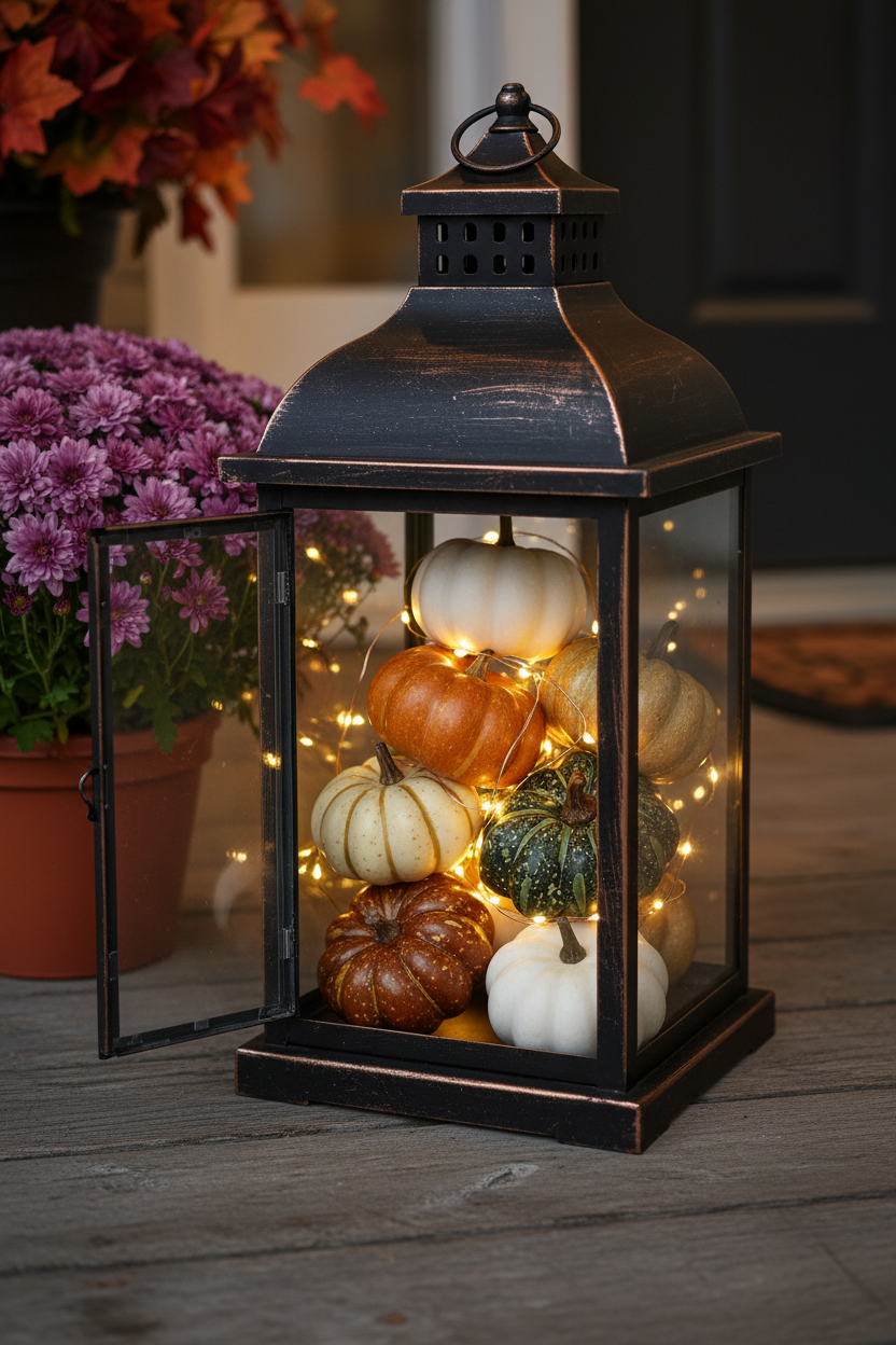 Faux Pumpkins Lantern Fairy Lights Front Porch