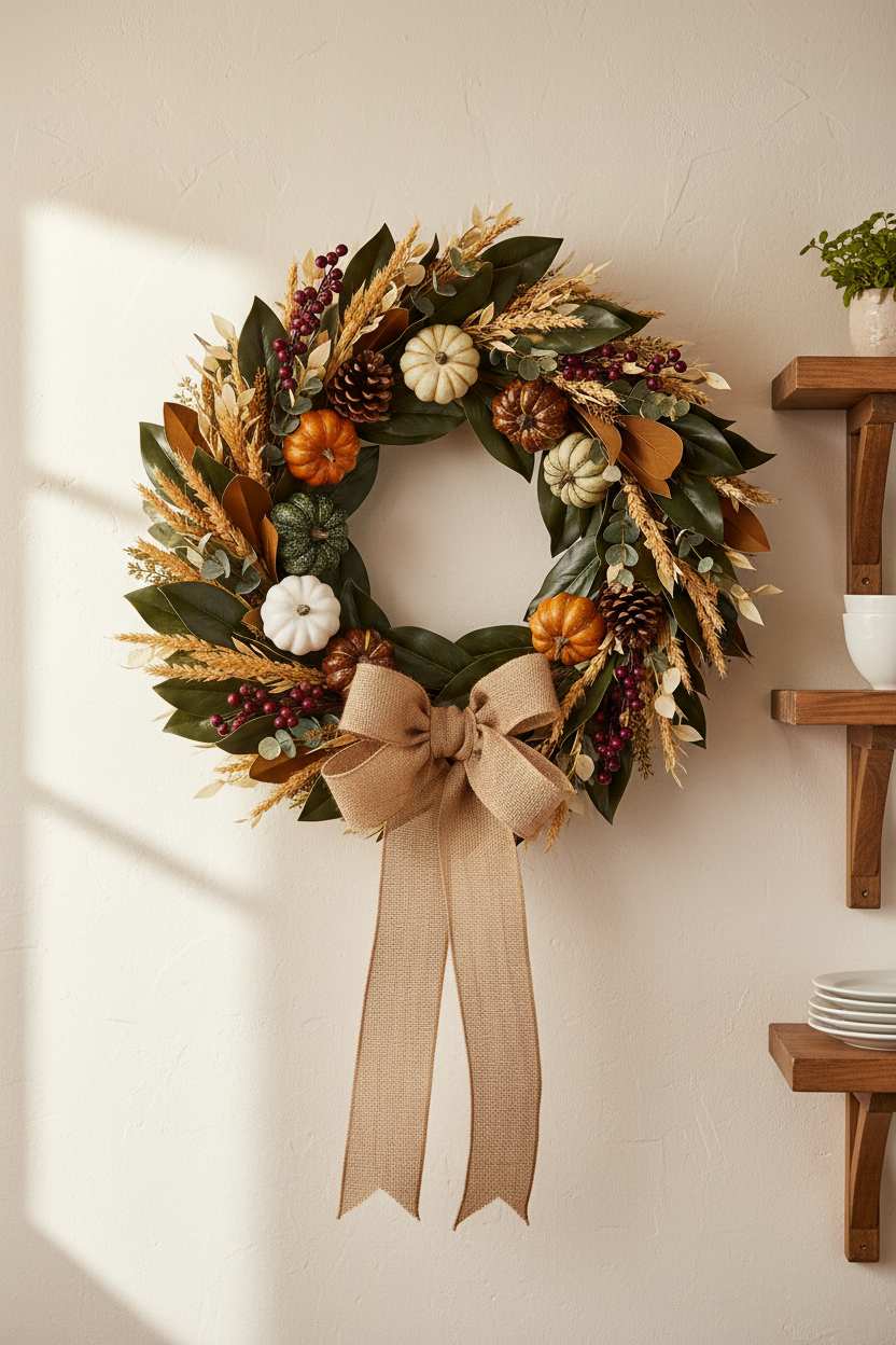 Faux Pumpkins Wreath — Indoor Kitchen Wall