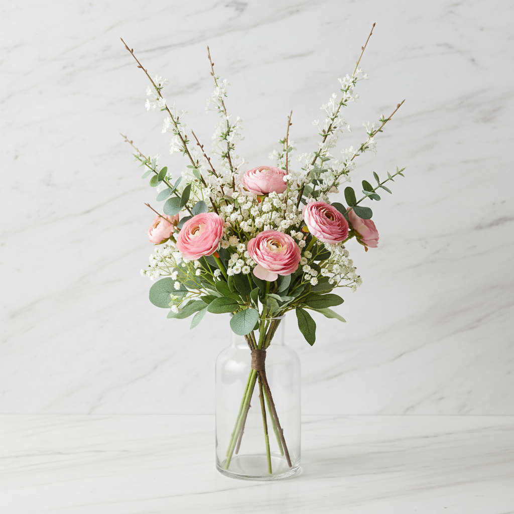 Faux white blossom branch stems as filler in mixed wildflower bouquet in glass vase