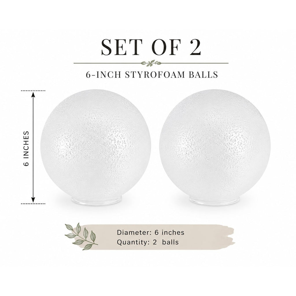 Two 6-inch styrofoam balls with measurements and text on a white background