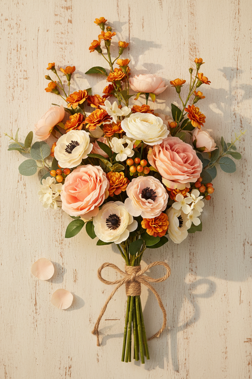 Flat Lay — Correct Artificial Spray Stems, Peach + Cream + Amber Orange