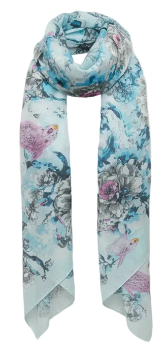 Blue Floral Bird Print Chiffon Scarf – Sheer Lightweight Wrap Shawl 62 x 19 Womens Accessory
