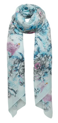 Blue Floral Bird Print Chiffon Scarf – Sheer Lightweight Wrap Shawl 62 x 19 Womens Accessory