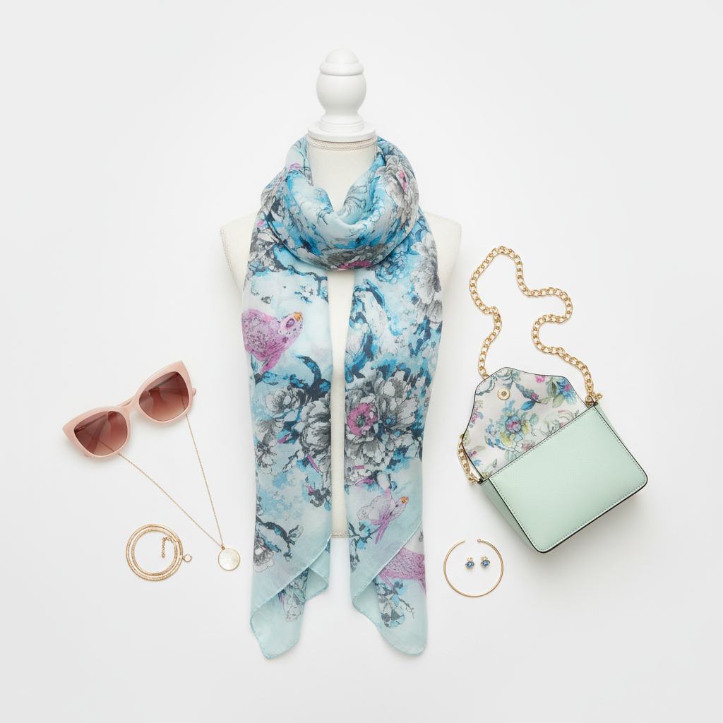 Blue Floral Bird Print Chiffon Scarf – Sheer Lightweight Wrap Shawl 62 x 19 Womens Accessory