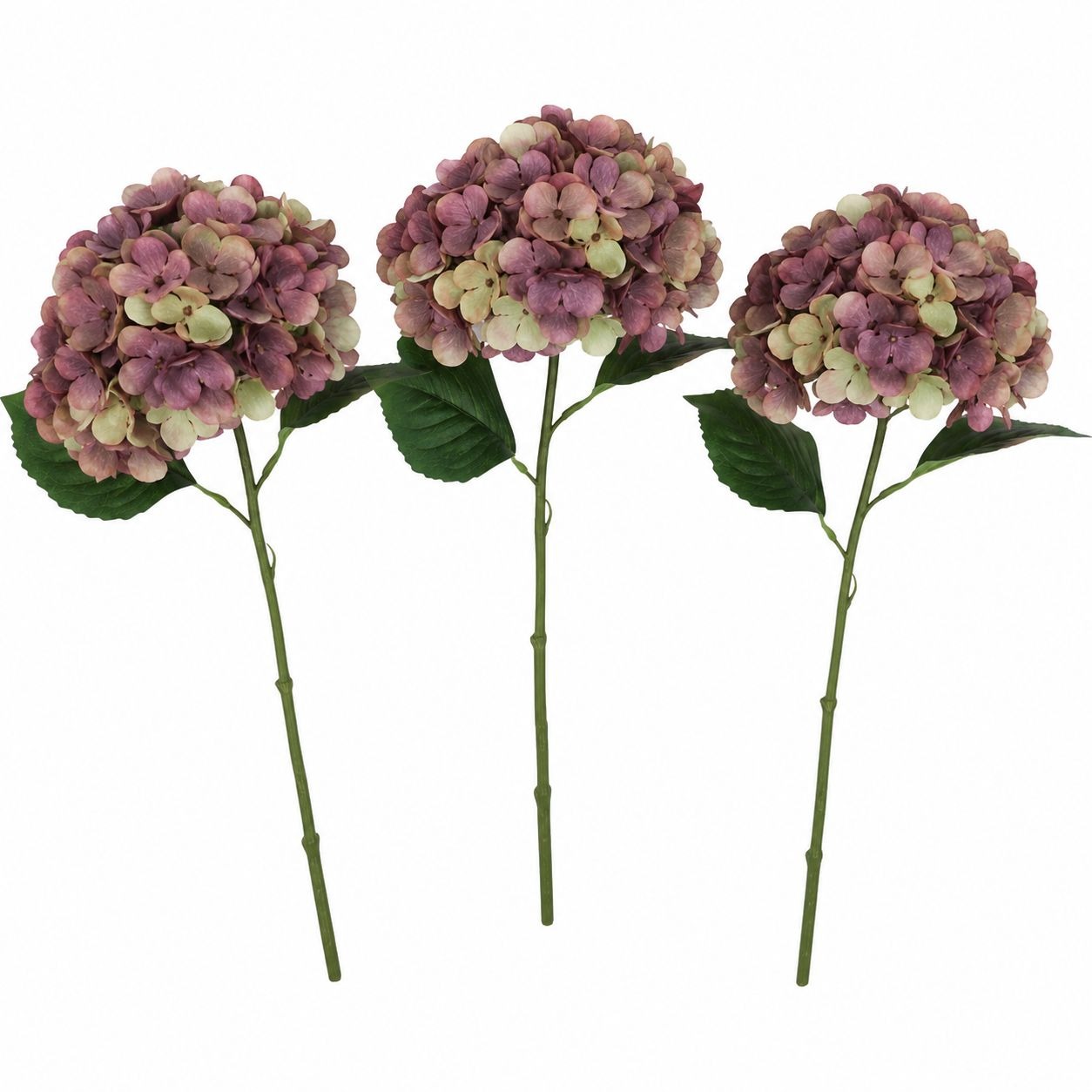 Three artificial hydrangea flowers with pink and green hues on a white background