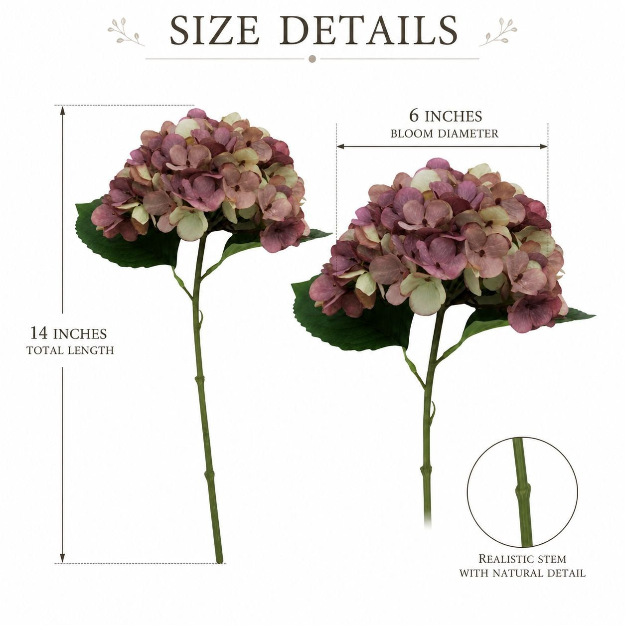 Two artificial hydrangea flowers with measurements on a white background