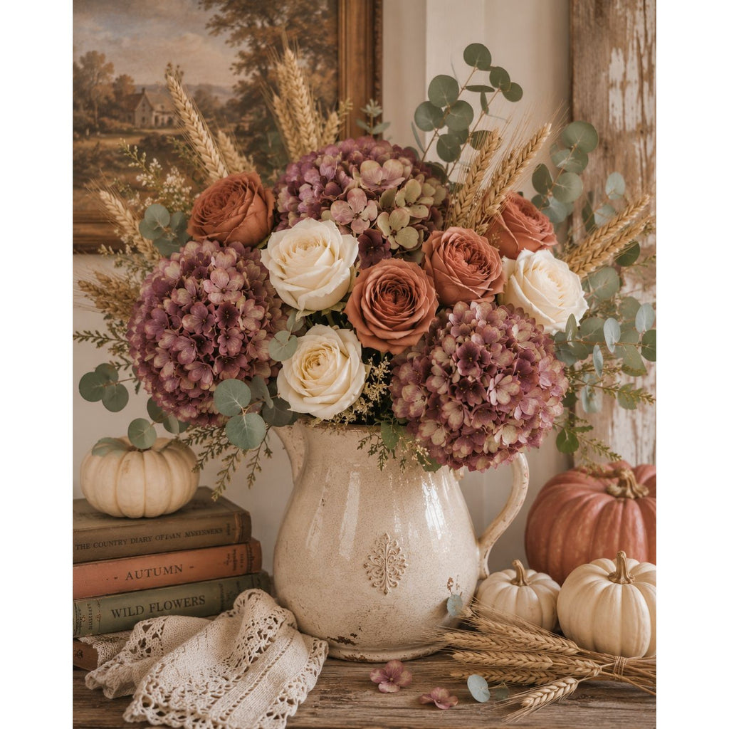 Decorative still life with flowers in a vase, pumpkins, and books on a wooden surface.