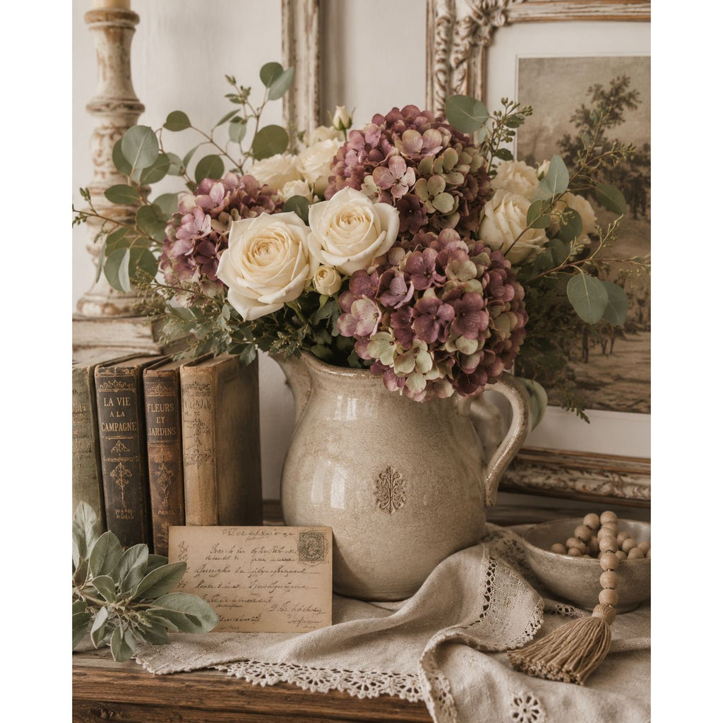 Decorative still life with flowers in a pitcher on a table with books and a painting in the background.