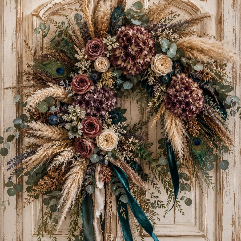 Decorative floral wreath with autumnal colors on a wooden door.