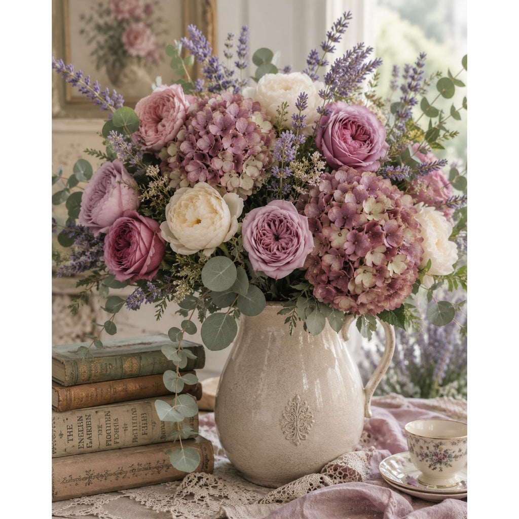 Bouquet of pink and white flowers in a vase on a table with books and a teacup.