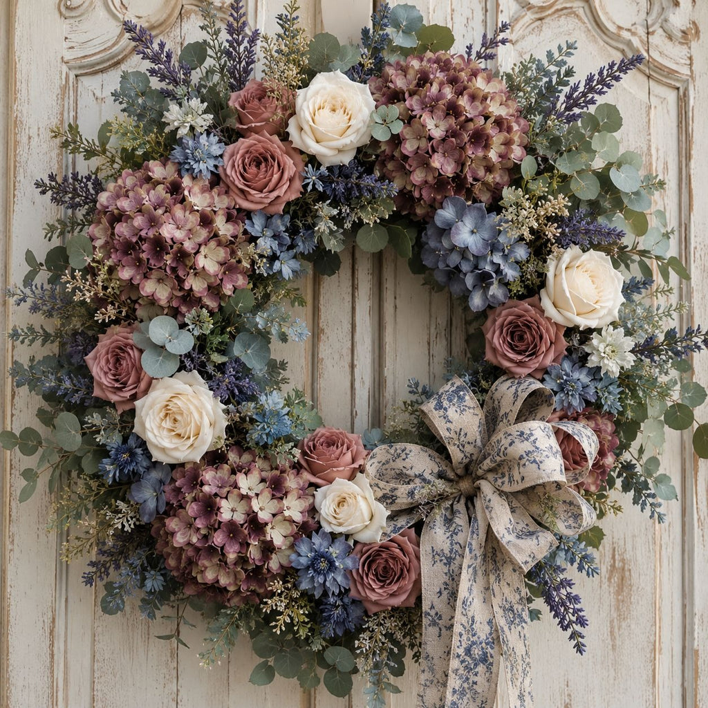 Floral wreath with a decorative bow on a wooden door