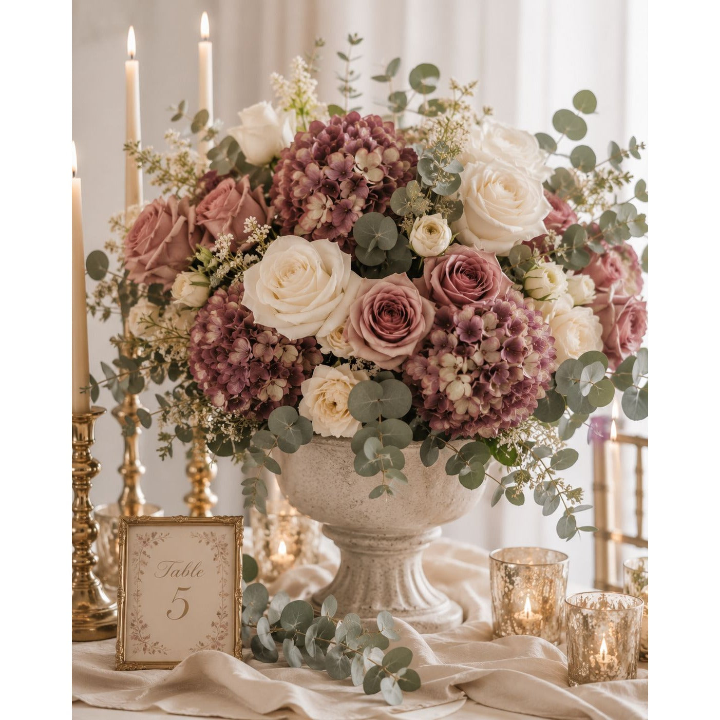 Decorative floral arrangement with candles and a table number on a tablecloth.