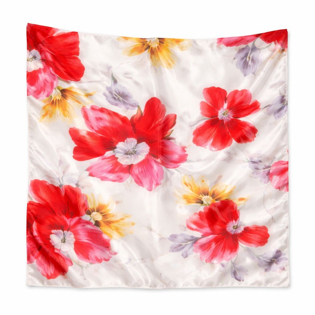 Red Floral Satin Scarf 20x20 Women's Hair Tie Neck Wrist Wrap Scarlet Watercolor Bloom Satin Square Scarf – 20 x 20
