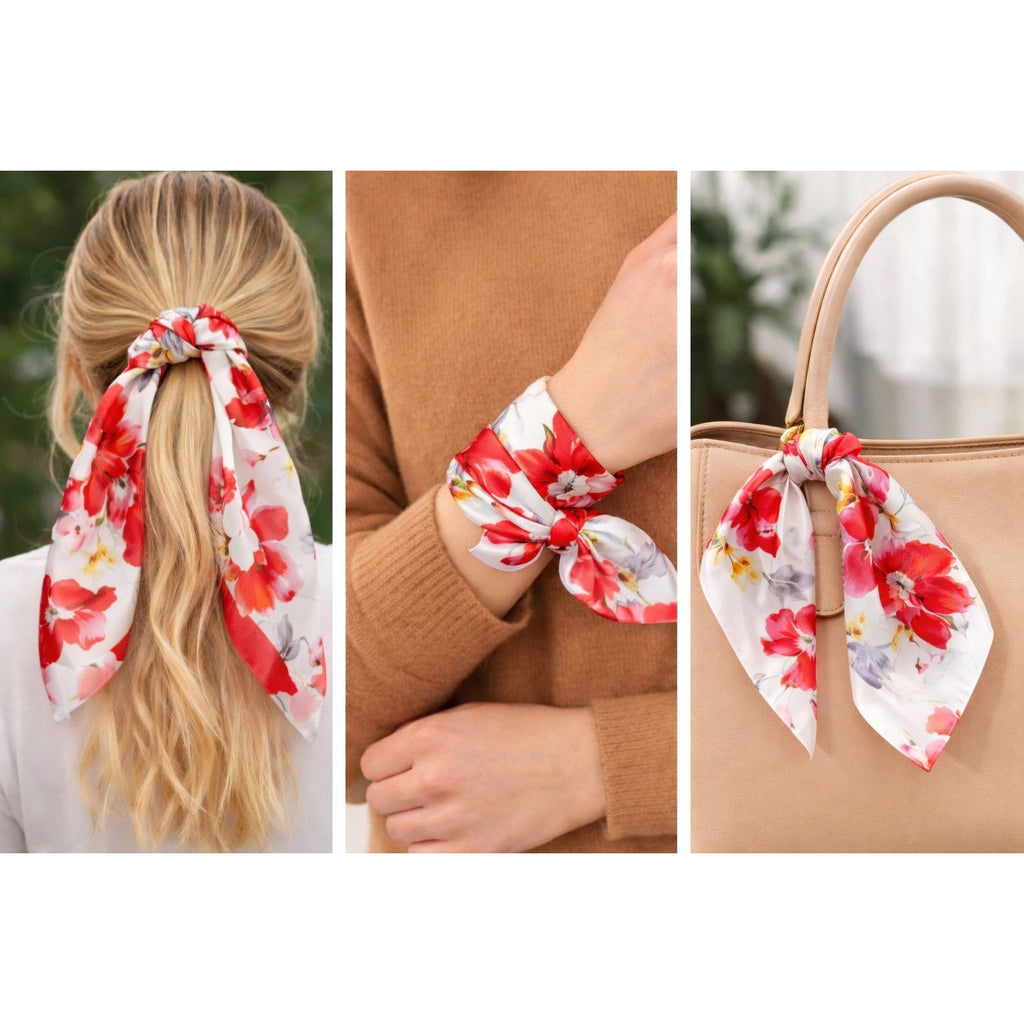 Red Floral Satin Scarf 20x20 Women's Hair Tie Neck Wrist Wrap Scarlet Watercolor Bloom Satin Square Scarf – 20 x 20