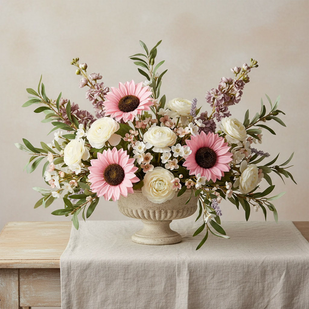 French Country compote with three integrated pink artificial blooms
