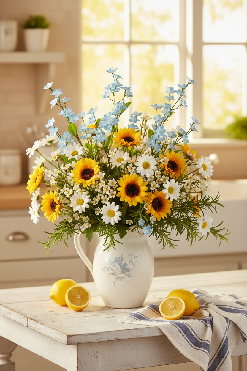 French Country — Provence Pitcher, Sunflowers, Blue Mini Blossom Filler