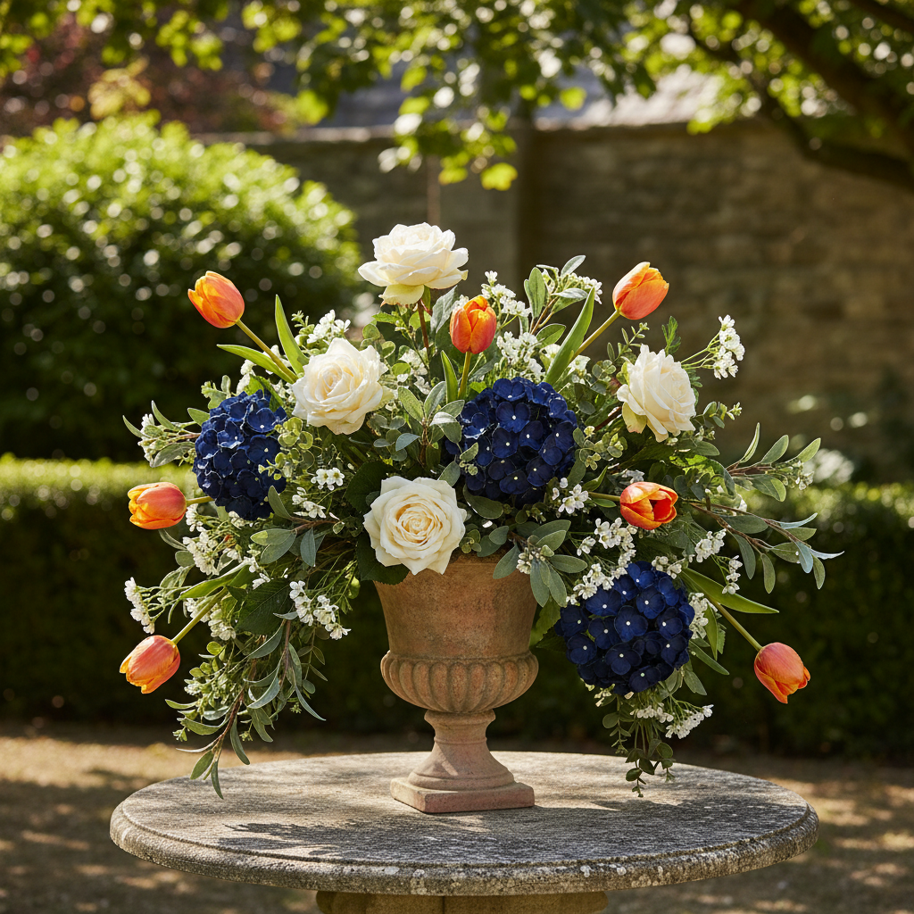 French Garden Patio - Bold Orange Tulips & Navy Hydrangea