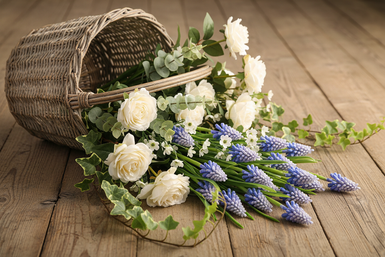 French Market Basket Spilling Flowers with Grape Hyacinth