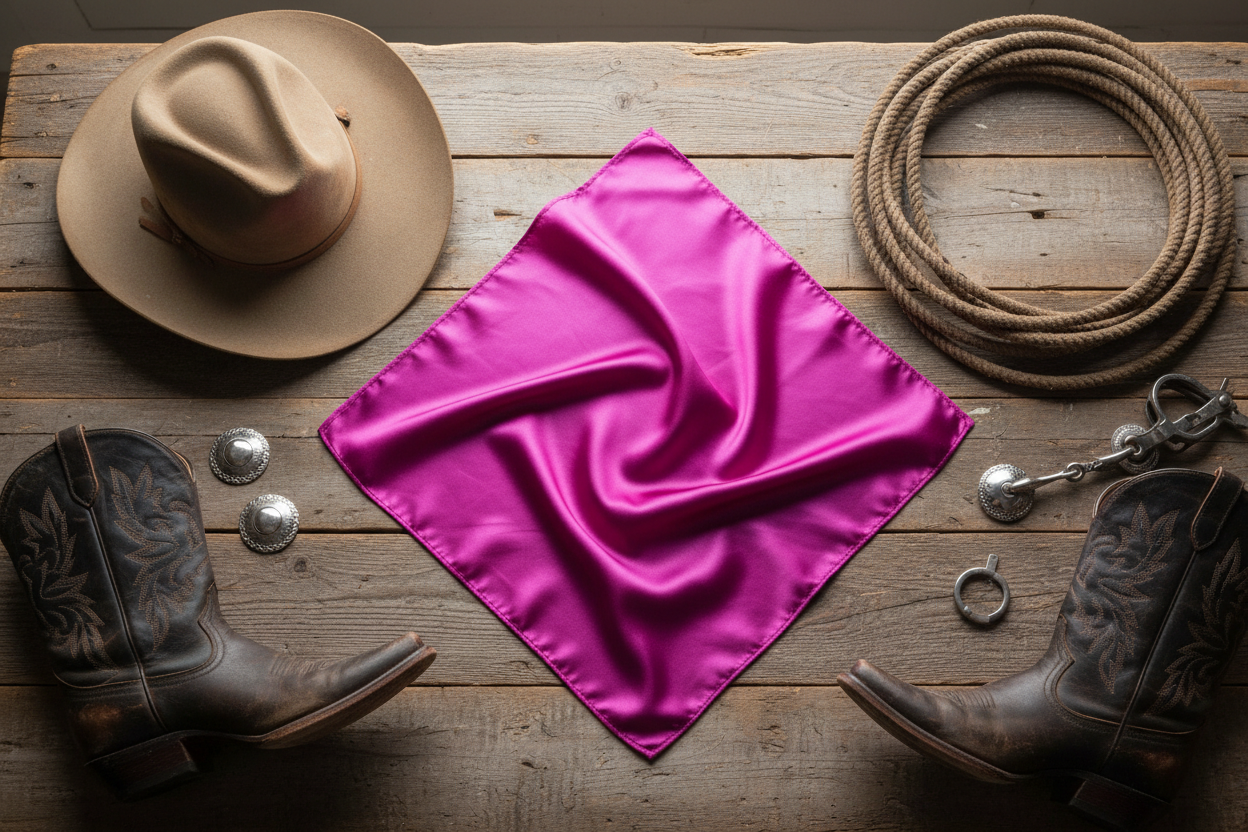Fuchsia purple pink wild rag 23x23 scarf flat lay with cowboy hat and boots