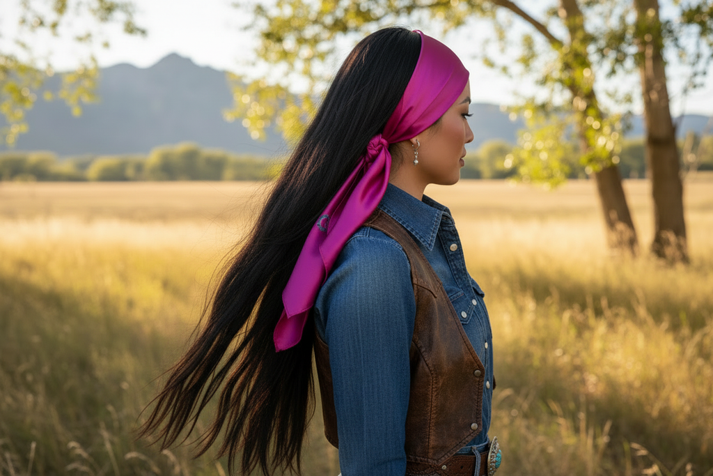 Fuchsia purple pink wild rag 23x23 scarf tied as hair accessory with shorter length in back