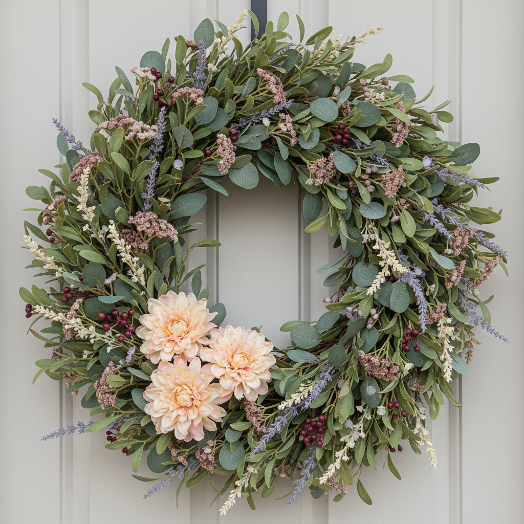 Full layered greenery wreath with three small cream and blush dahlias grouped as an accent