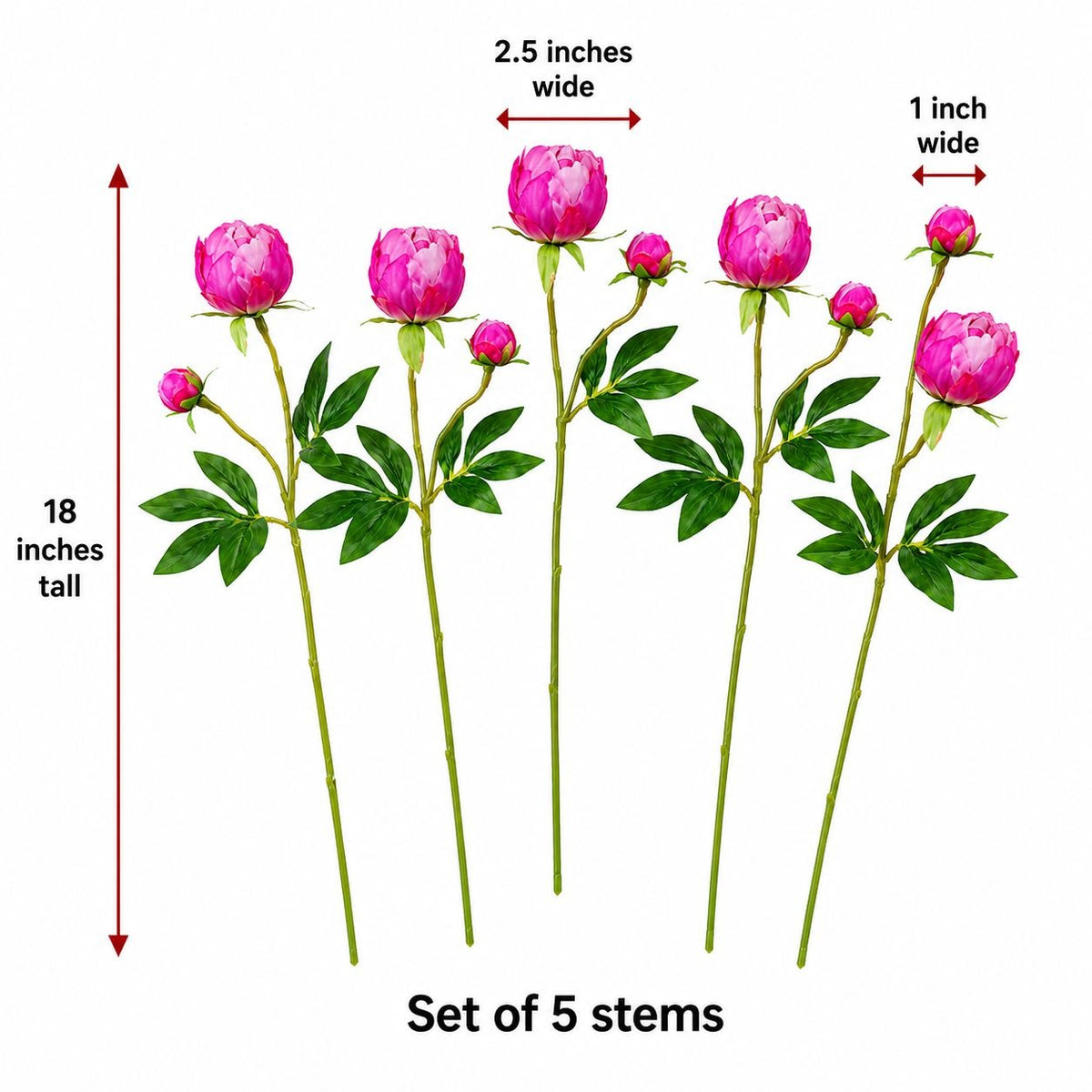 Hot Pink Artificial Peony Stems Set of 5 Faux Silk Peonies with Buds Wedding Bouquet Centerpiece French Country Decor