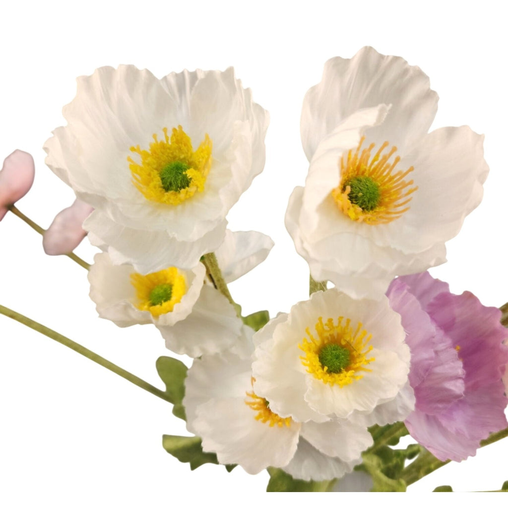 Artificial Silk Poppy Flowers Lavender White Pink Faux Wildflower Bouquet 6 Stems