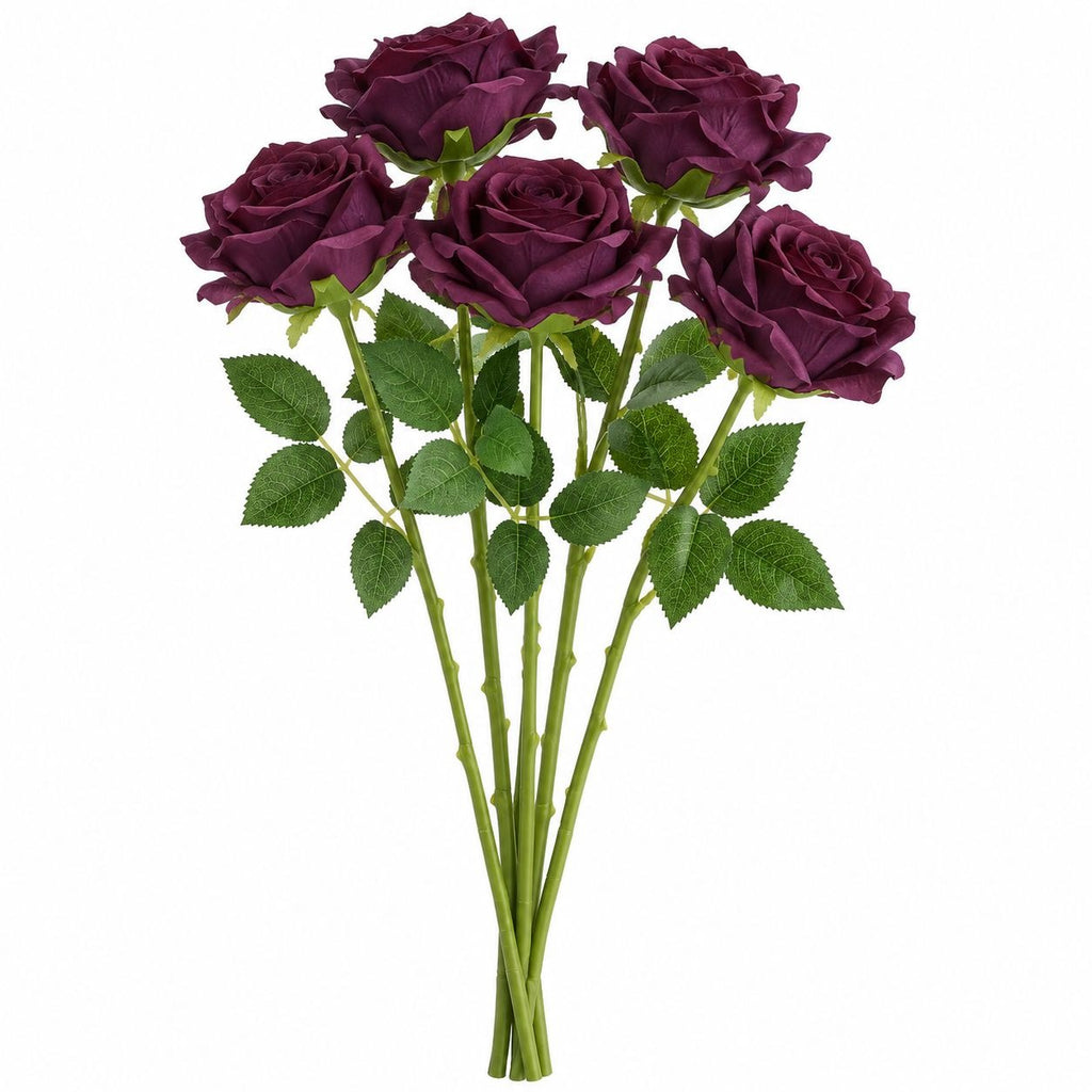 Artificial Purple Plum Roses, 5-Stem Faux Flower Bunch, 5 Blooms
