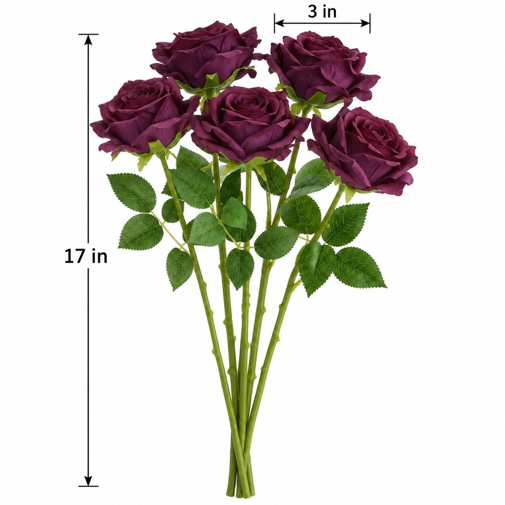 Artificial Purple Plum Roses, 5-Stem Faux Flower Bunch, 5 Blooms