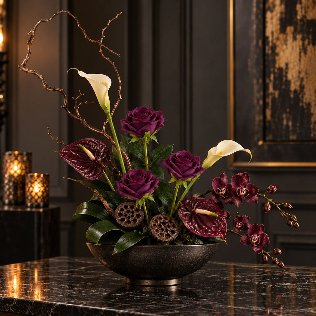 Artificial Purple Plum Roses, 5-Stem Faux Flower Bunch, 5 Blooms