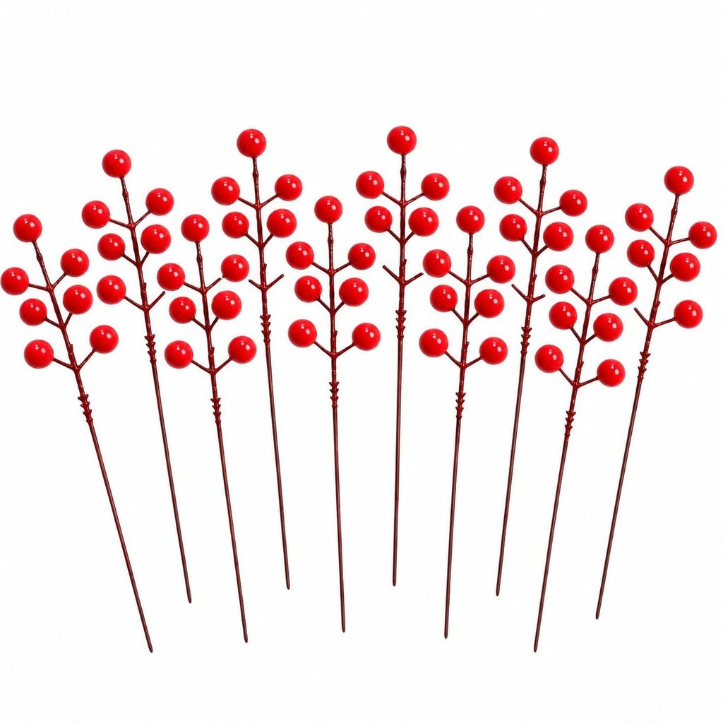 10 Artificial Red Berry Picks, 8-Inch Wired Christmas Wreath Garland Stems