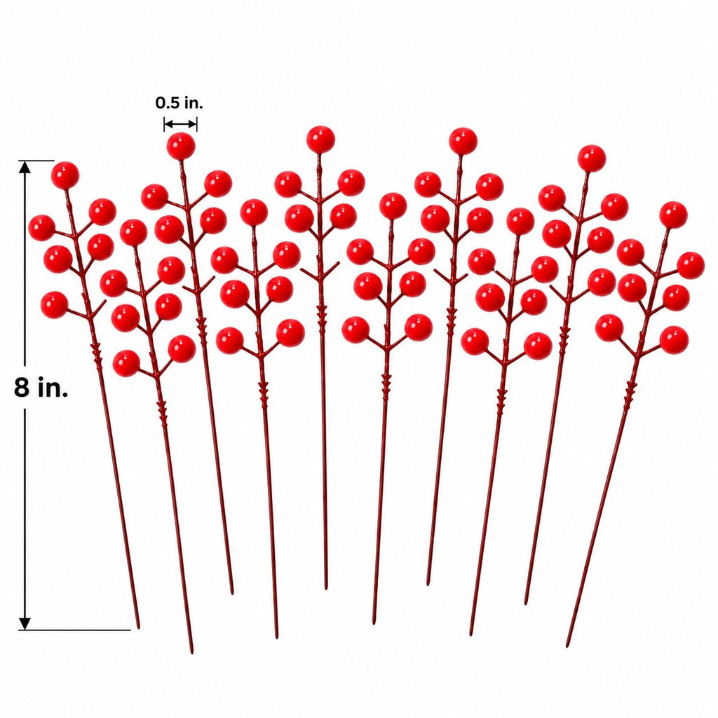 10 Artificial Red Berry Picks, 8-Inch Wired Christmas Wreath Garland Stems