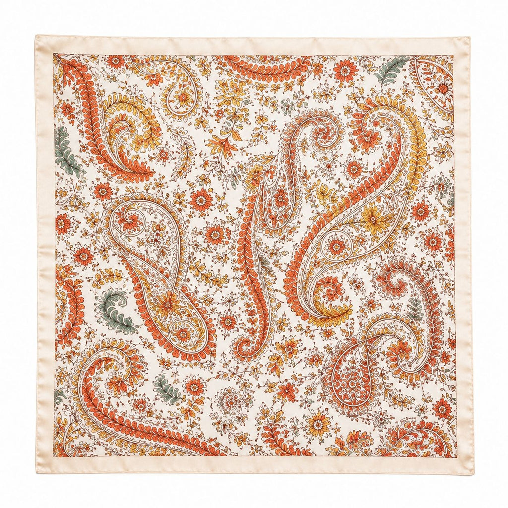 35x35 Satin Paisley Scarf White Cream Teal Orange Floral Square Hair Neck Scarf