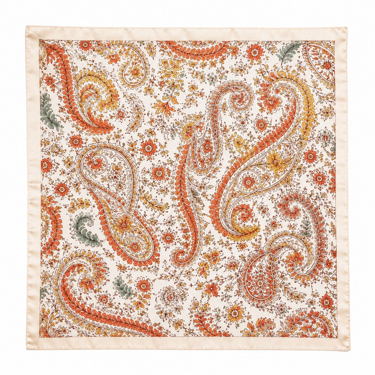 35x35 Satin Paisley Scarf White Cream Teal Orange Floral Square Hair Neck Scarf