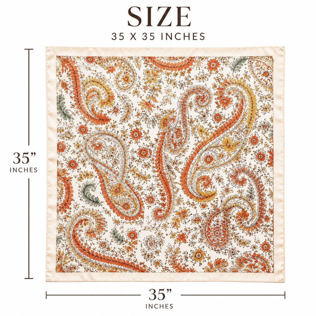 A square fabric item with a paisley and floral print shown on a white background with measurement labels. The print features orange, rust, yellow, and muted green motifs on an off-white base, with a light beige border.