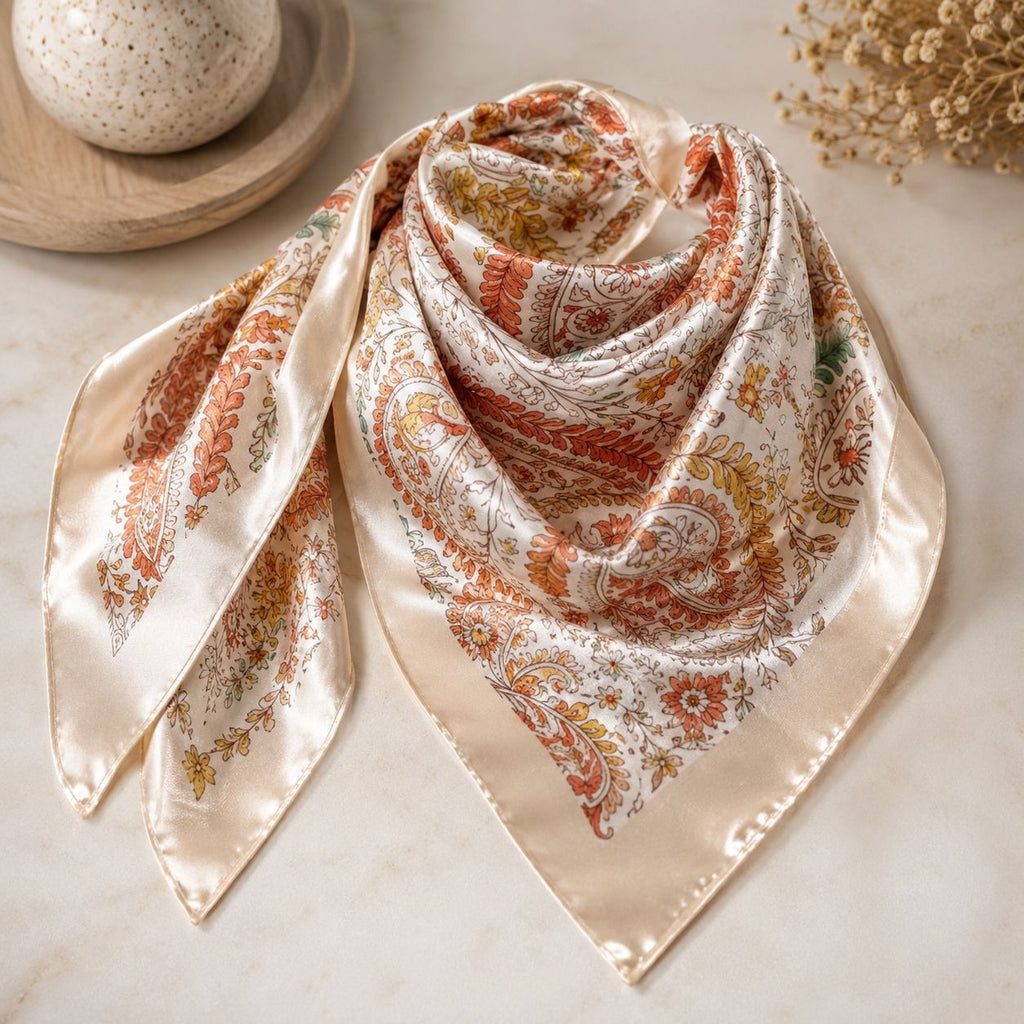 A satin scarf with a cream base and an intricate paisley pattern in orange, rust, and olive green, styled on a light marble surface with dried flowers and a ceramic bowl in the background.