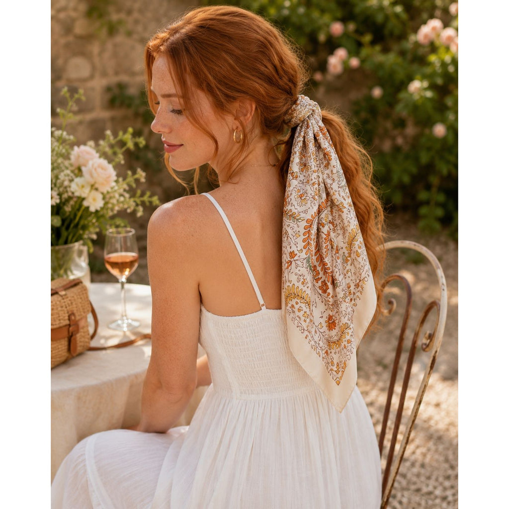A woman with red hair tied back with a patterned cream scarf sits outdoors at a table, wearing a white sleeveless dress. The scarf features a warm-toned paisley pattern in beige, brown, and muted orange.