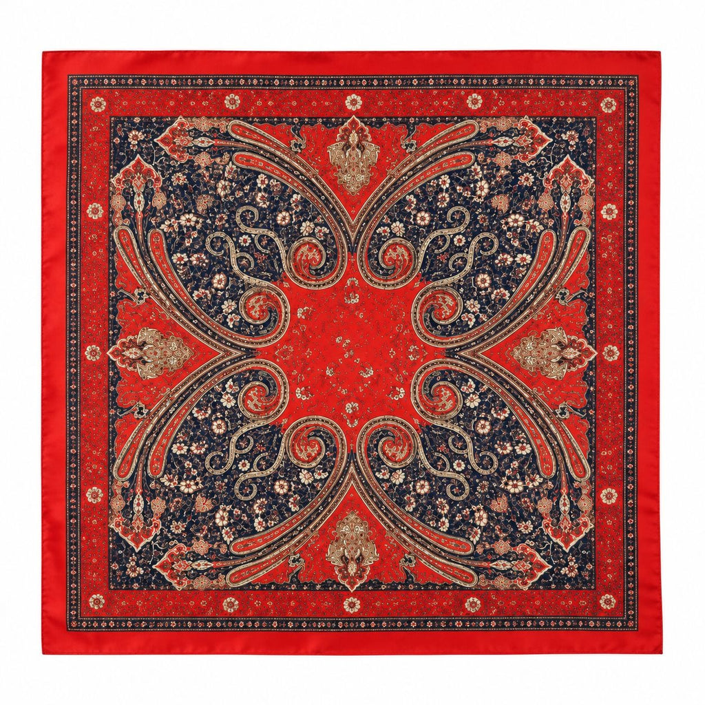 Orange Red Navy Paisley Square Scarf 26x26 Western Cowgirl Neck Scarf Satin Hair Scarf