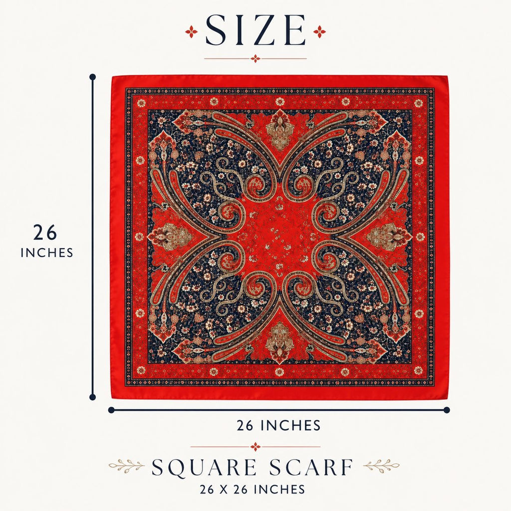 Red square scarf with intricate patterns and size measurement on a white background