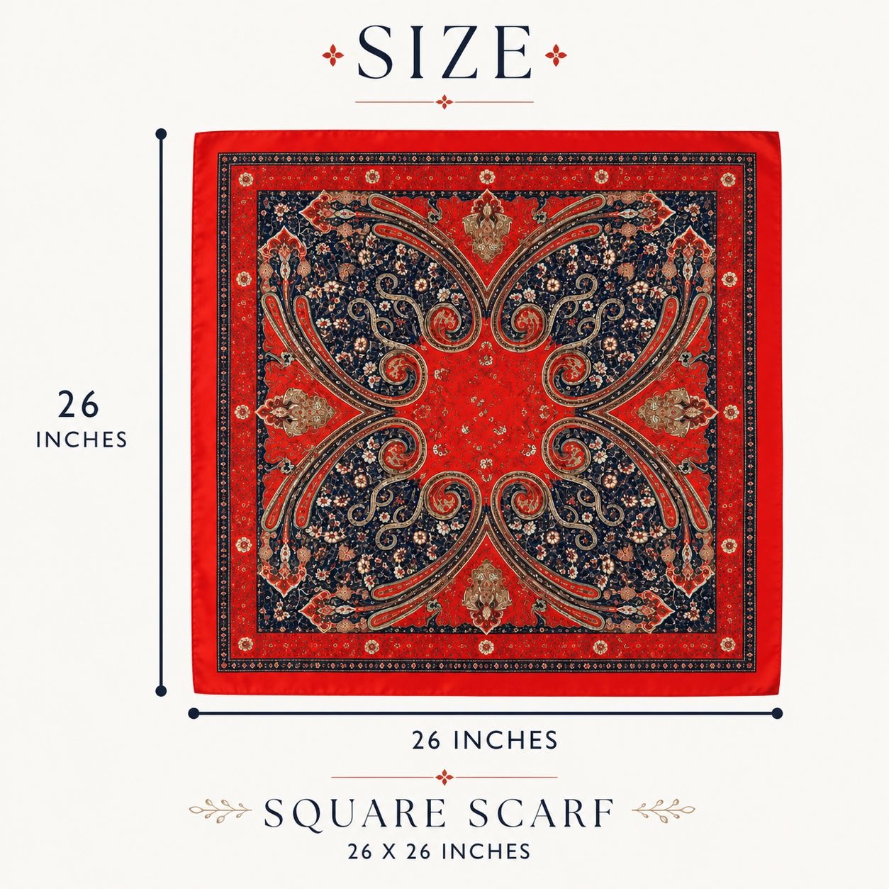 Red square scarf with intricate patterns and size measurement on a white background