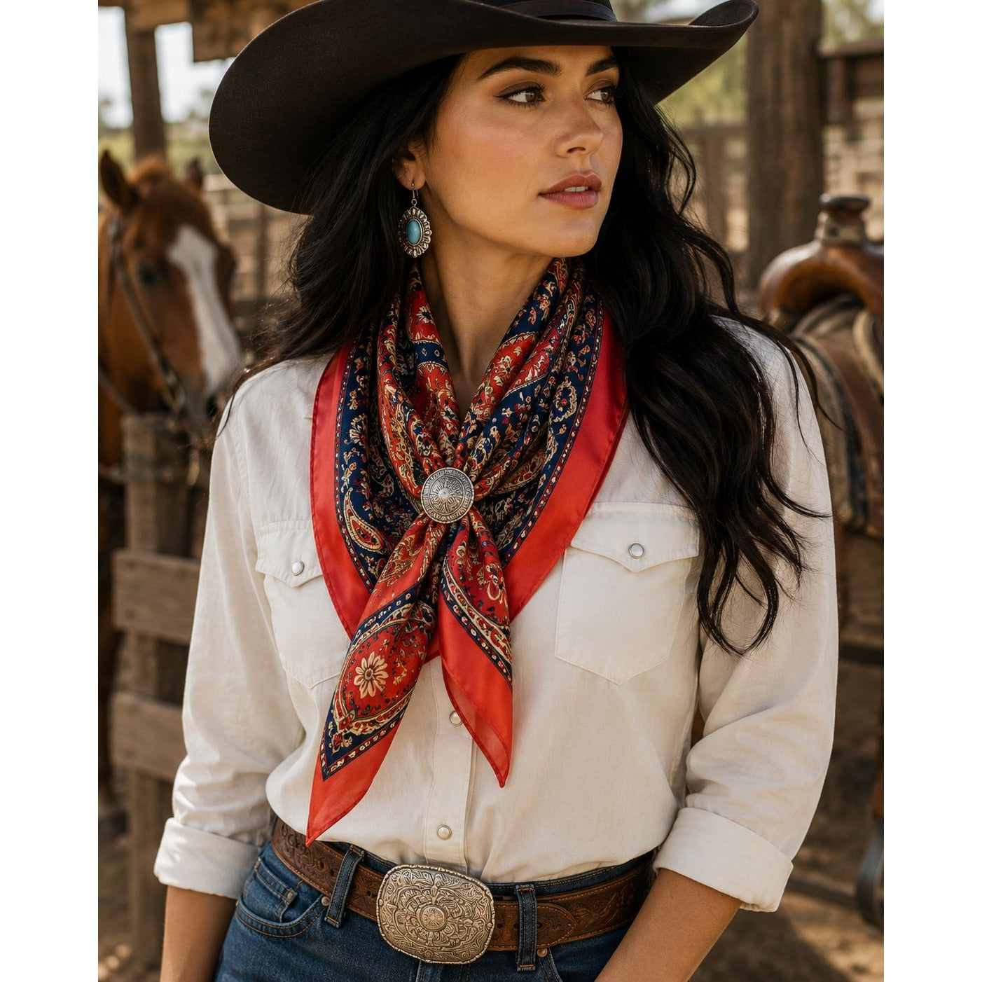 Woman wearing a cowboy hat, white shirt, blue jeans, and a red patterned scarf with a blurred background of horses.